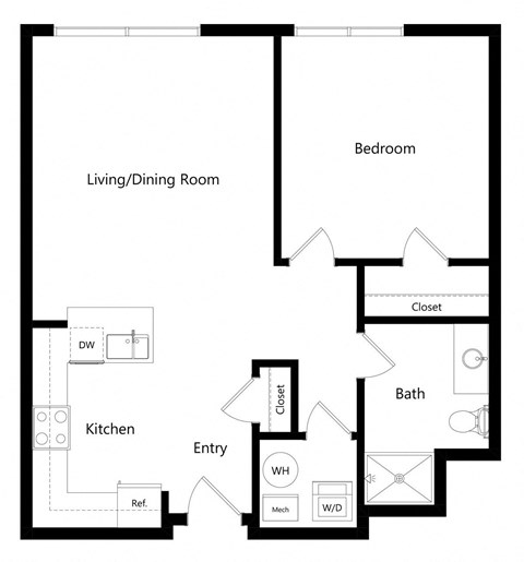 Floor plan for 1 bed, 1 bath, 665 sqft